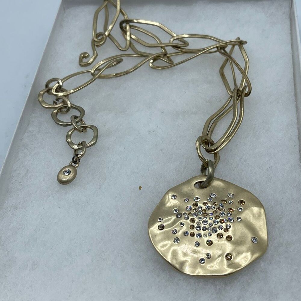 Artisan hammered disk rhinestone cluster chain necklace